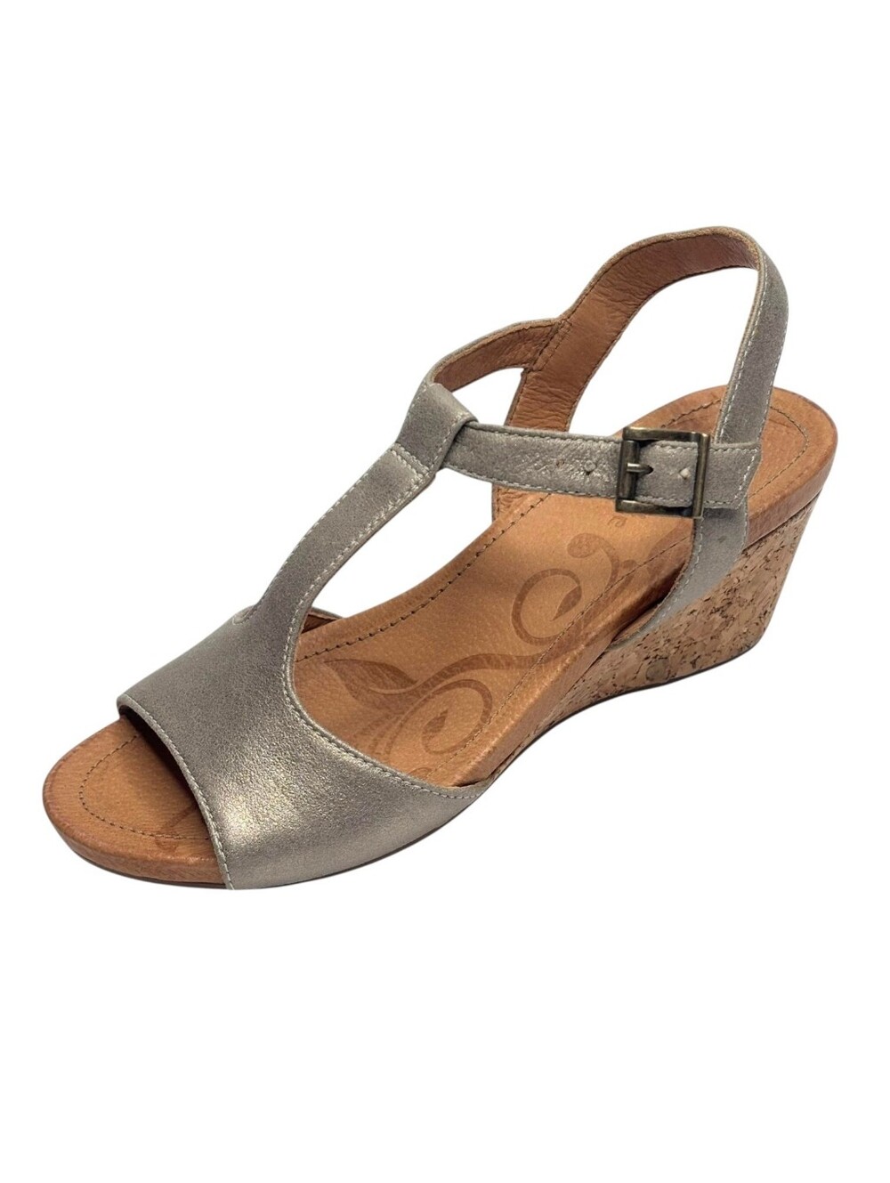 Nurture Cork Heel Shawen Wedge Sandals - Beige & Metallic Pewter - Size 9 Womens